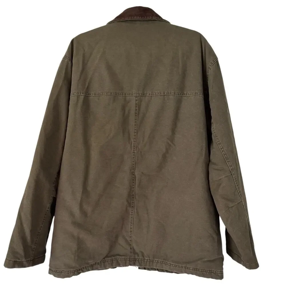 J. CREW Canvas Utility Chore Barn Coat Mens Large Olive Green Leather Collar